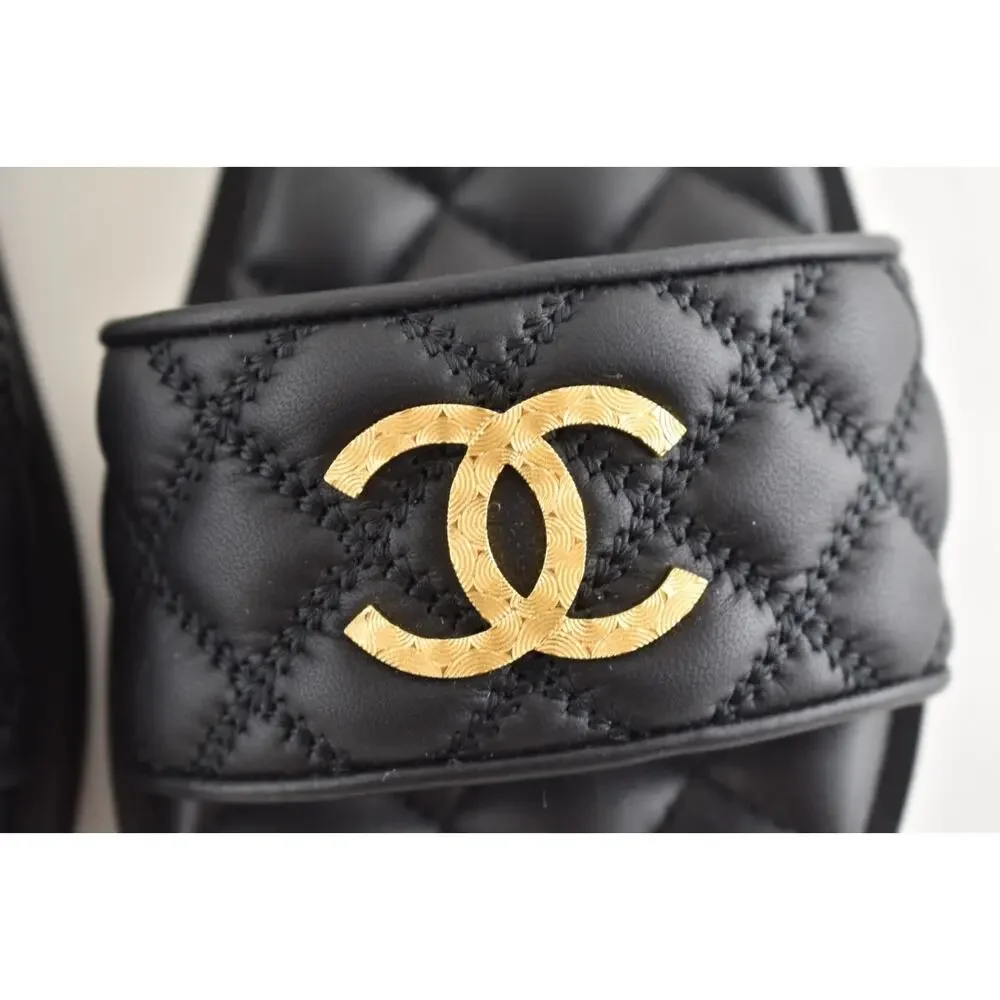 Chanel REV Black Quilted Leather Gold Logo Mule Slide Sandal Flip Flop Flat 35